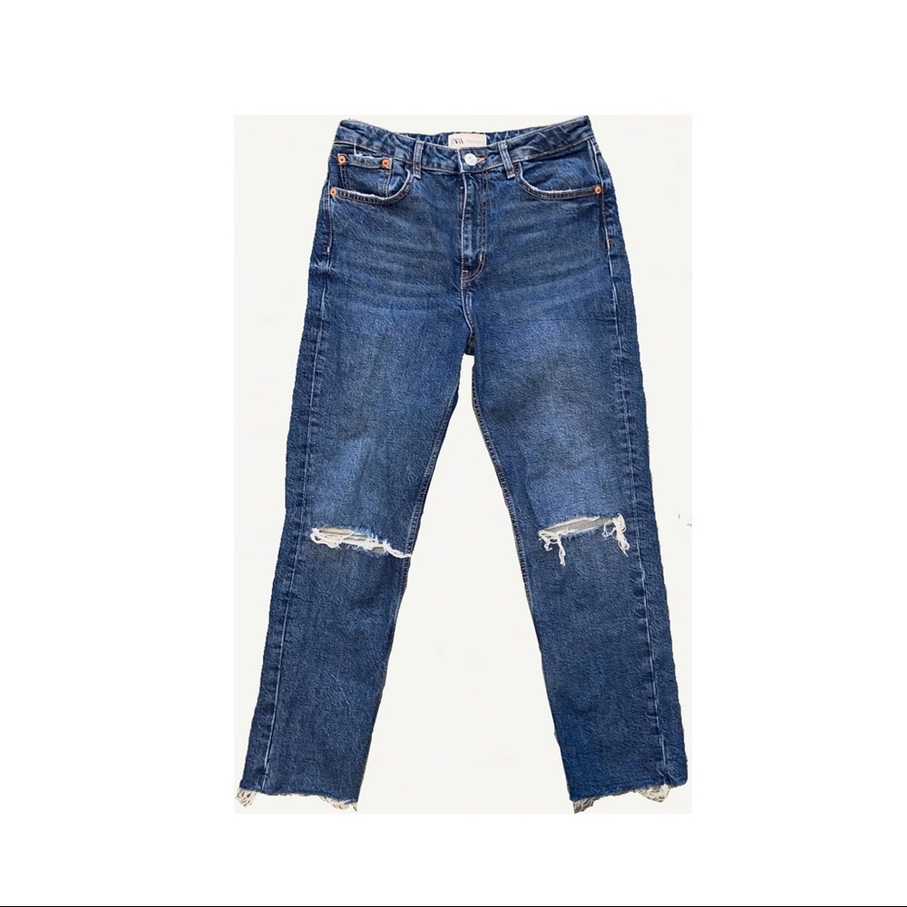 Zara Slim Fit Hi-Rise Ripped Jeans 6 distressed